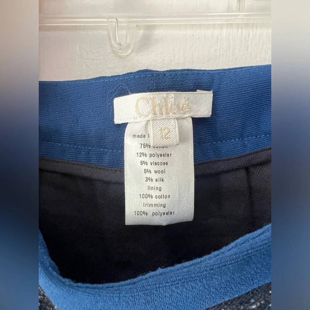 Chloé Girls Skirt Pleat Front Cotton Navy Blue Heather Black Metallic Gold Trim